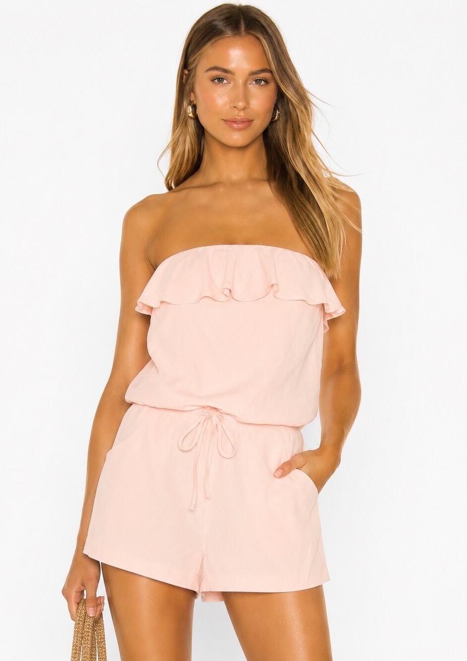 Amanda Uprichard Silk Strapless Ruffle Drawstring Romper Blush Pink Size L